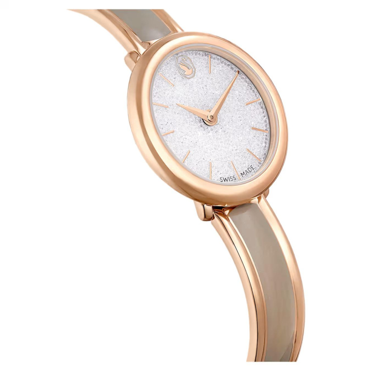 Crystalline Bangle watch Swiss Made, Metal bracelet, Beige, Rose gold-tone finish